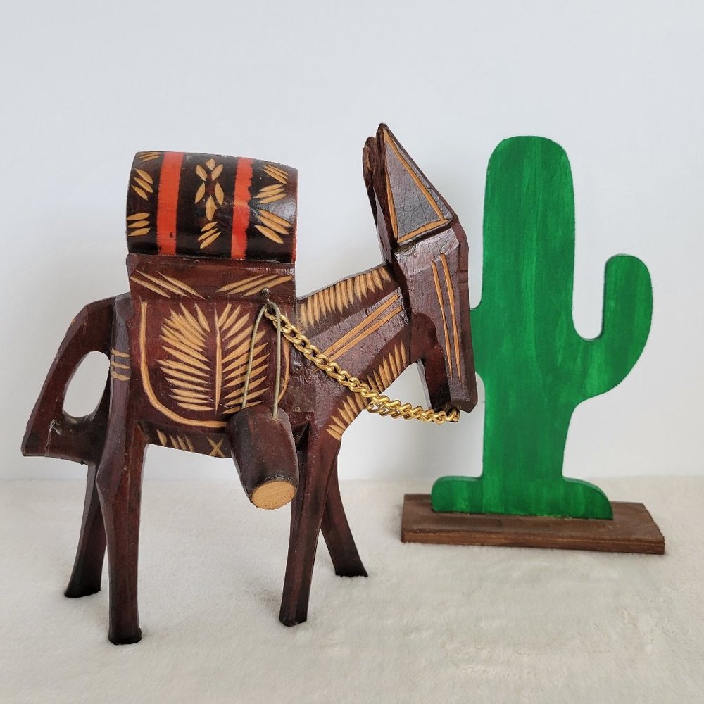 Wooden Carved Burro With Bucket & Pail Figurine